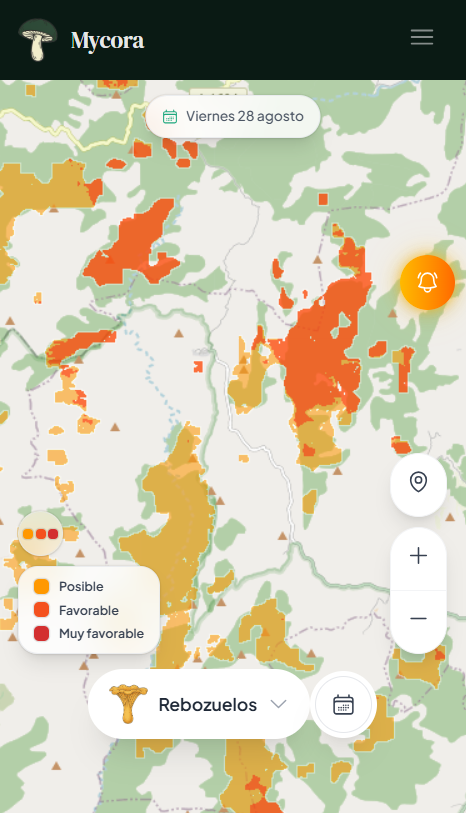 Captura de la aplicación Mycora: mapa de zonas favorables con selector de especie y leyenda